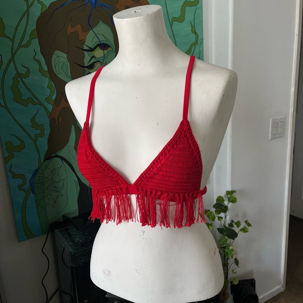 Red Crochet Fringe Bikini Top